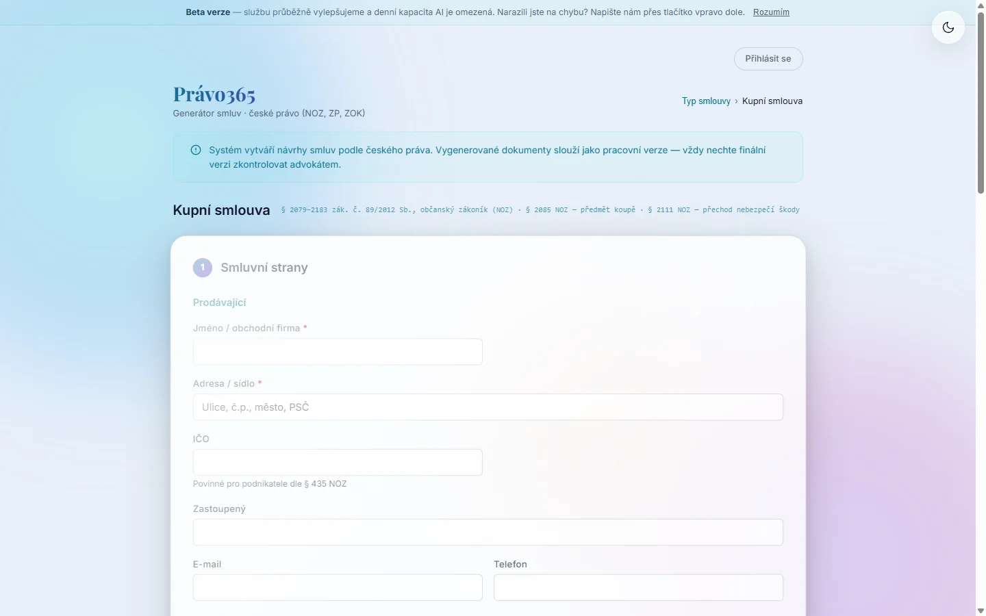The structured input step for a purchase contract: numbered section one, "contracting parties", with empty fields for name, address and company number, and a note that the company number is required for businesses under section 435.