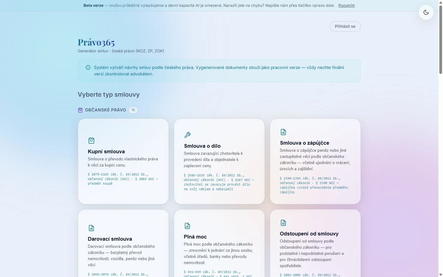 The Právo365 contract generator, listing contract types grouped under civil law, each card citing the sections of Czech Civil Code it is built on.